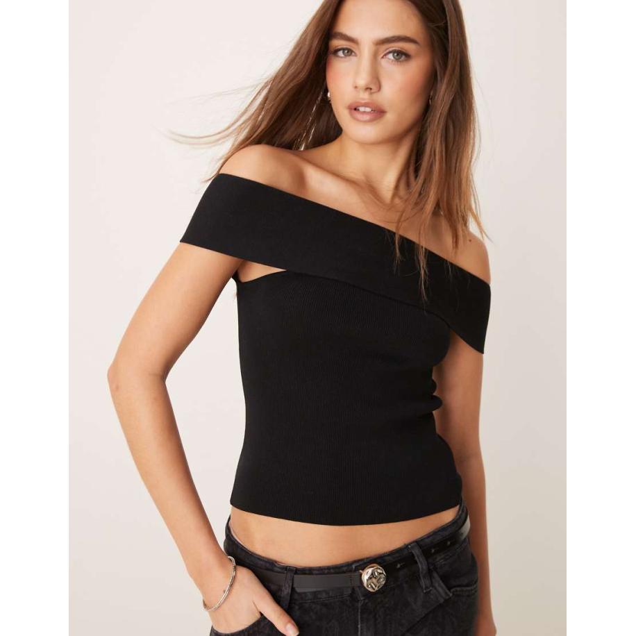 Gina Tricot Compacte gebreide top met blote schouders in zwart Zwart