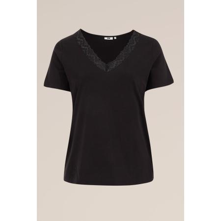 WE Fashion Dames T-shirt met kant - Curve - Regular fit - Zwart - Biologisch katoen - Plus Size Maat: 52