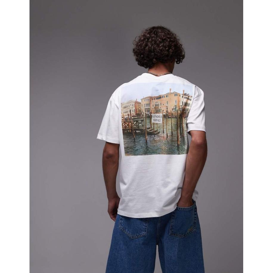 Topman - T-shirt van premium stof met oversized pasvorm, gondola-print op de voor- en achterkant en borduursel in wit Wit