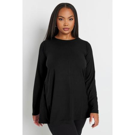 Yours Geribbelde Top Met Lange Mouwen In Zwart Size 62-64