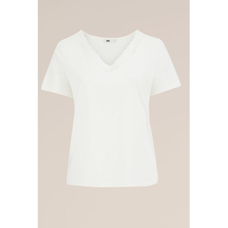 WE Fashion Dames T-shirt met kant - Curve - Regular fit - Gebroken wit - Biologisch katoen - Plus Size Maat: 44 Wit