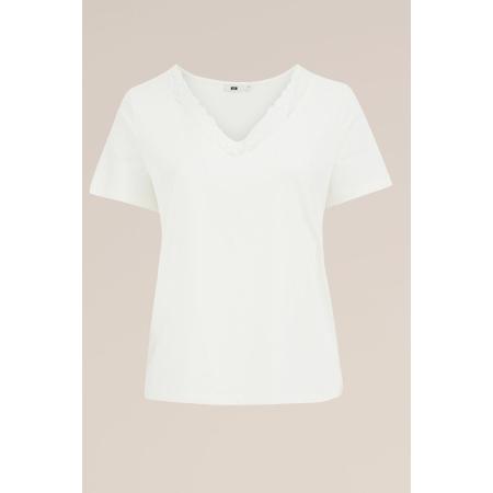 WE Fashion Dames T-shirt met kant - Curve - Regular fit - Gebroken wit - Biologisch katoen - Plus Size Maat: 52