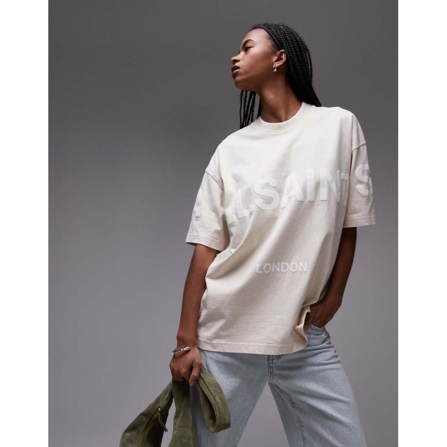 AllSaints Biggy Oversized T-shirt in stone met logo in dezelfde tint-Neutraal Multicolor
