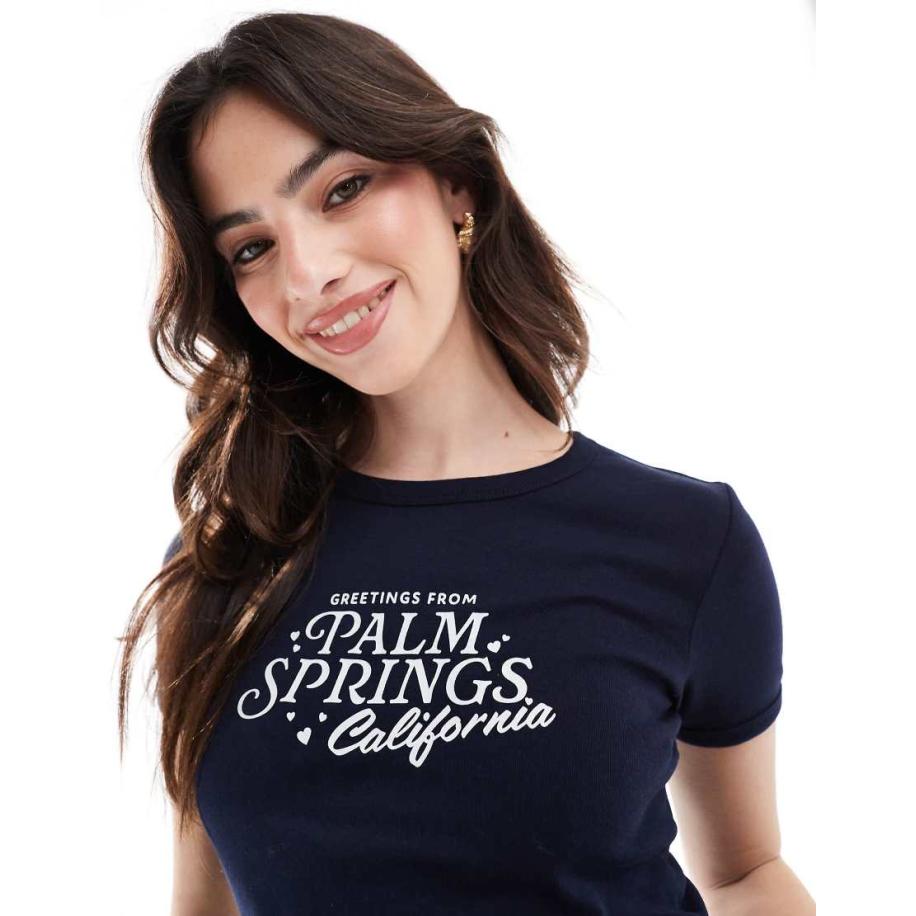 Cotton On Geribbeld T-shirt met Palm Springs-print in marineblauw-Rood Rood
