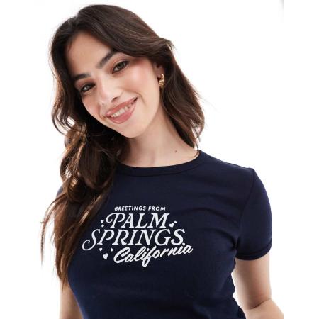 Cotton On Geribbeld T-shirt met Palm Springs-print in marineblauw-Rood