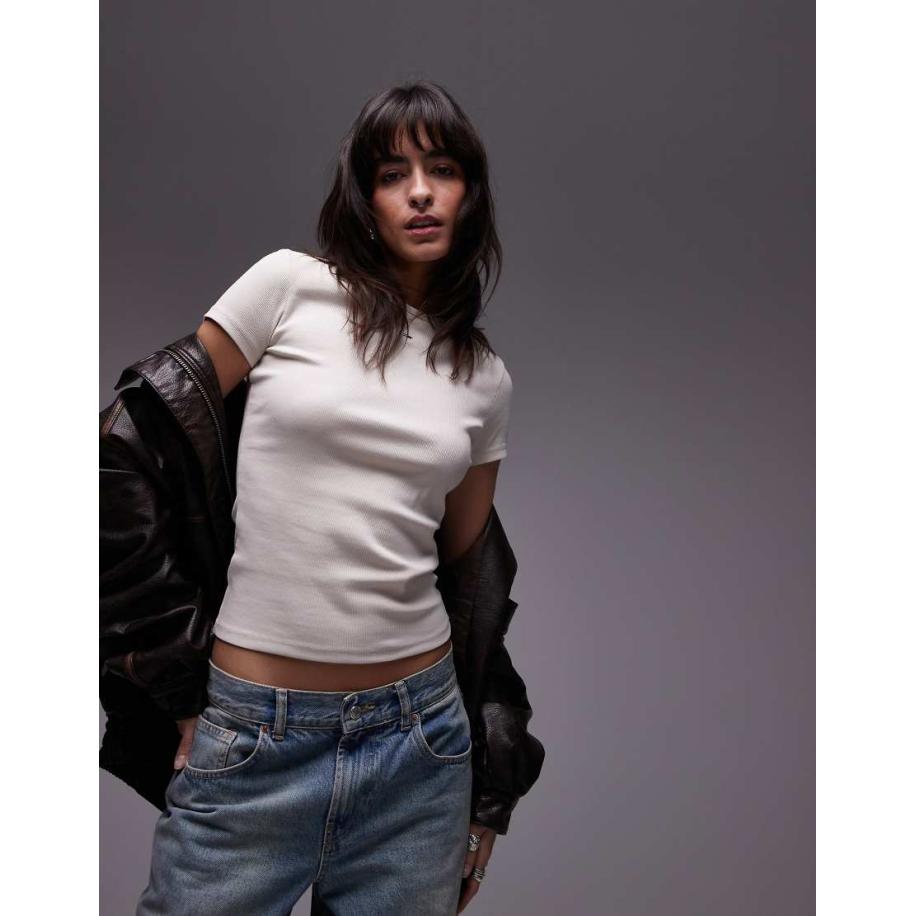 Tommy Jeans Geribbeld T-shirt met badge in gebroken wit Wit