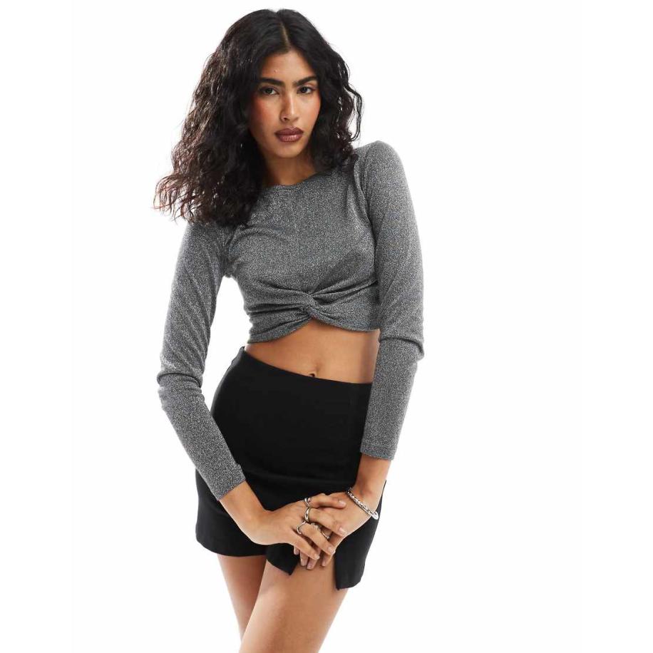 ONLY Top met gedraaide voorkant en glitter in zilver Zilver