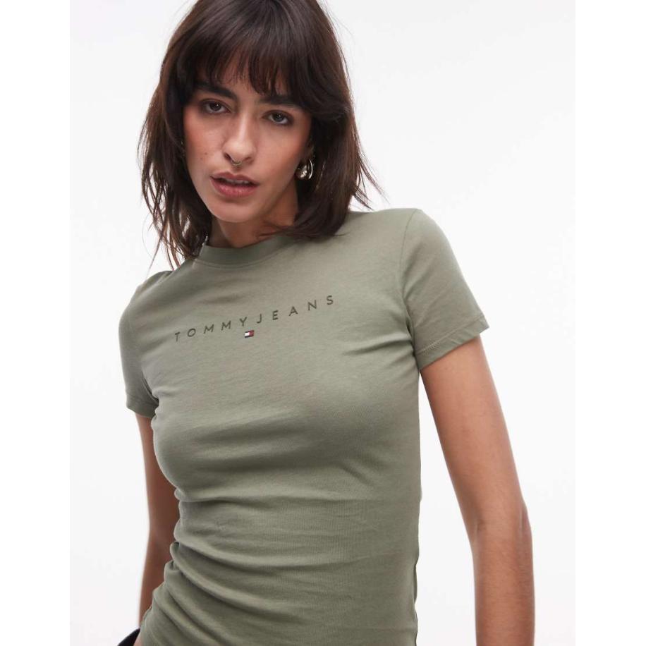 Tommy Jeans Smal T-shirt met lineair logo in kakigroen Groen