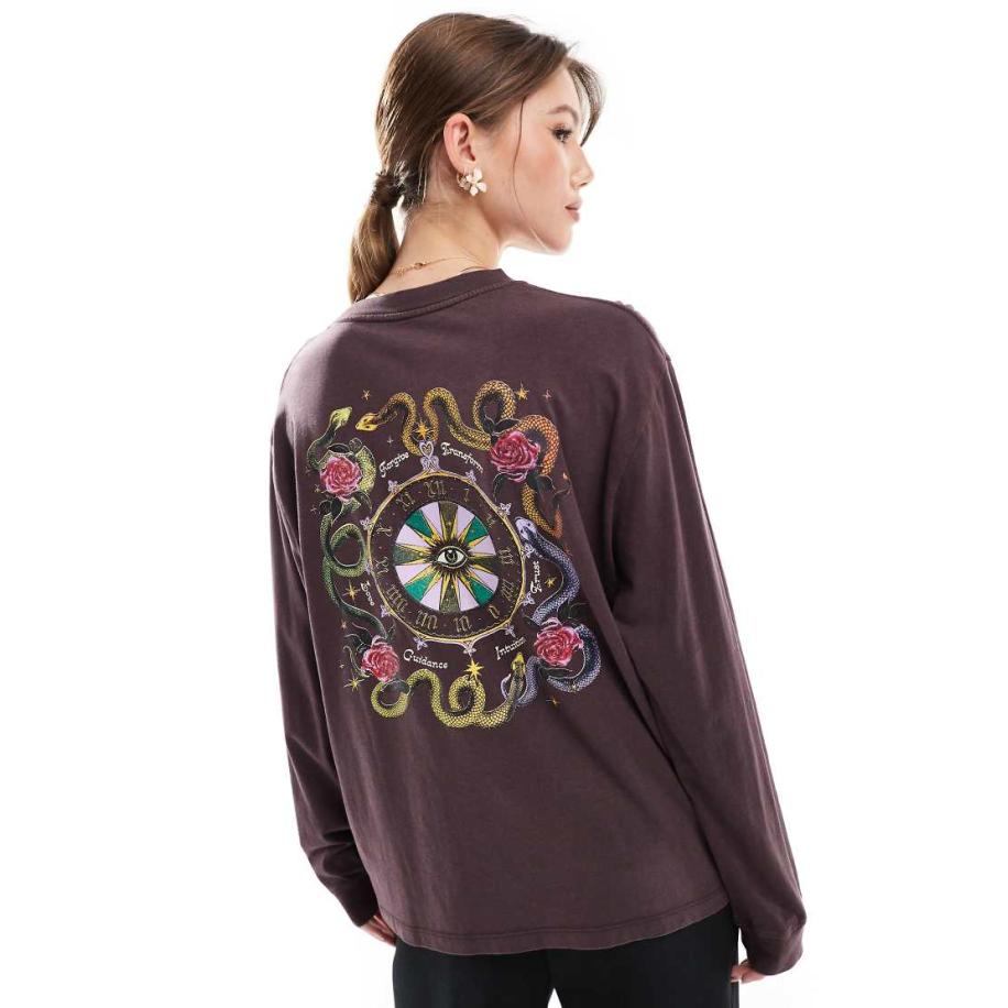 Cotton On T-shirt met print en lange mouwen in donkerbruin-Grijs Grijs