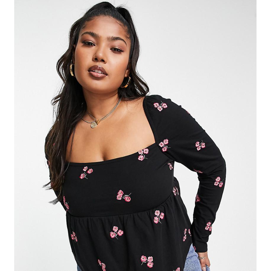 ASOS DESIGN Curve Top met vierkante hals en rode geborduurde bloemen in zwart Zwart