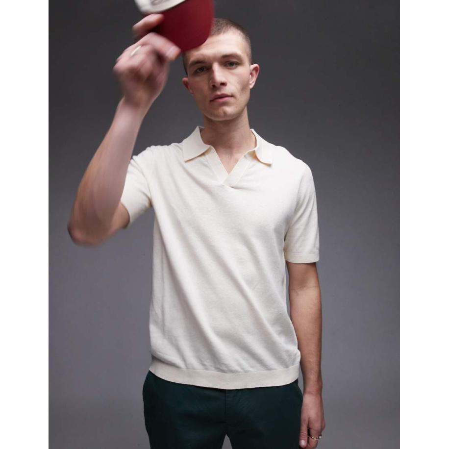 ARKET - Gebreide polo van katoen en linnen met korte mouwen in gebroken wit Wit