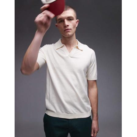 ARKET - Gebreide polo van katoen en linnen met korte mouwen in gebroken wit