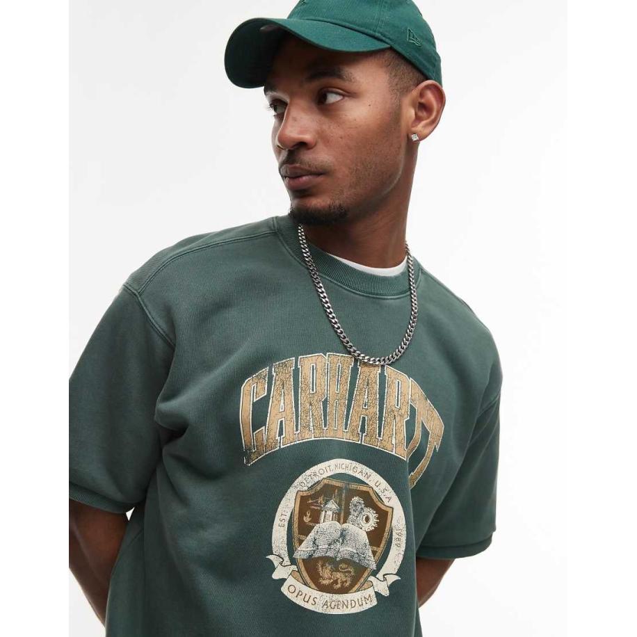 Carhartt WIP - Sweatshirt met korte mouwen en print in groen met wassing-Zwart Zwart