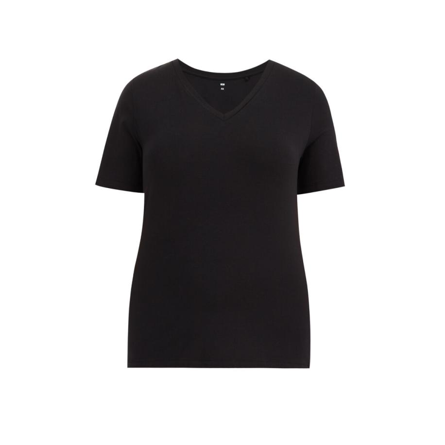 WE Fashion Dames T-shirt met V-hals - Curve - Zwart - Katoen - Plus Size Maat: 44 Zwart
