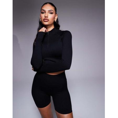 4505 Icon Naadloze geribbelde top met lange mouwen en 1/4 rits in zwart