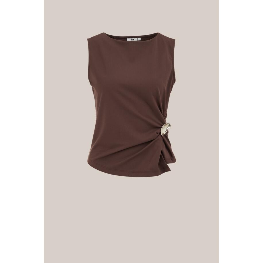 WE Fashion Dames jersey singlet met zilveren accent - Donkerbruin - Maat: XS Bruin