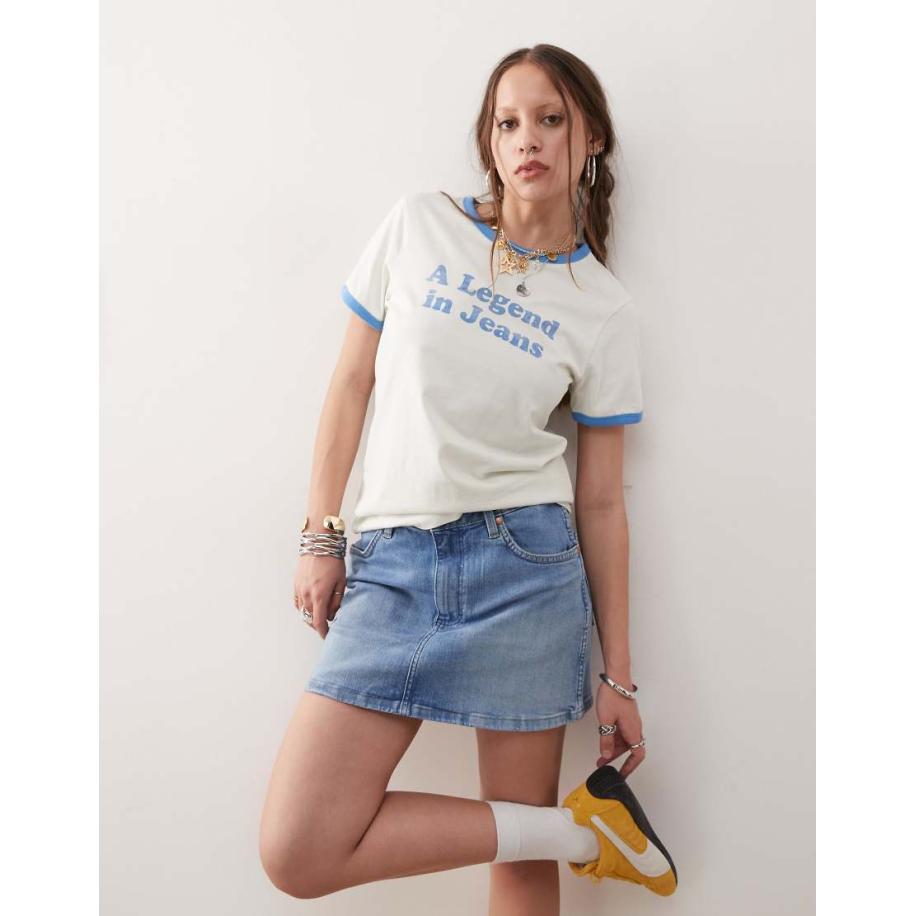 Wrangler T-shirt met slogan en gekleurd randje in wit en blauw Wit