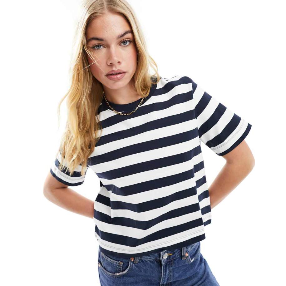 Selected Femme Boxy t-shirt met strepen in blauw-Marineblauw Blauw