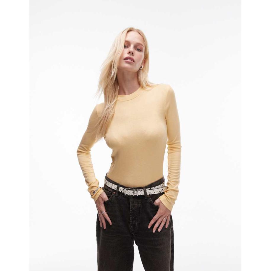 Topshop Premium Geribbelde top met lange mouwen in vaalgeel Geel