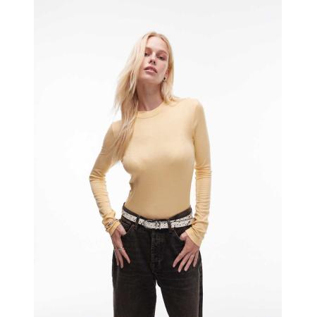 Topshop Premium Geribbelde top met lange mouwen in vaalgeel