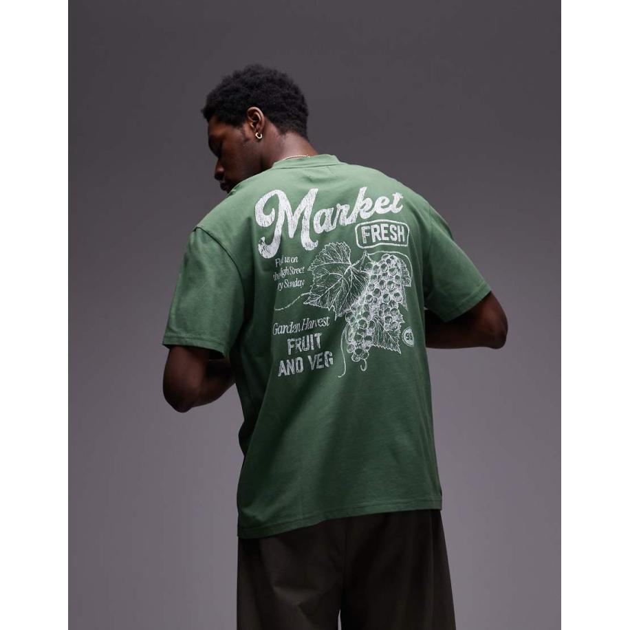 Topman - T-shirt met oversized pasvorm en Market-print op de voor- en achterkant in groen met wassing Groen