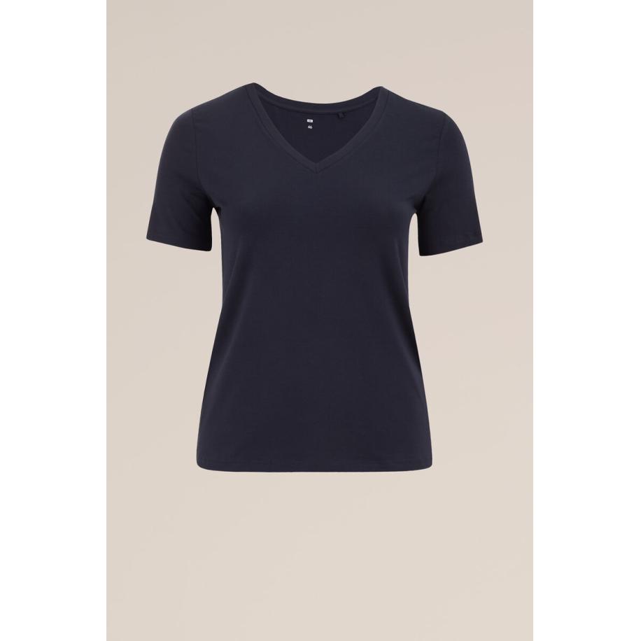 WE Fashion Dames T-shirt met V-hals - Curve - Donkerblauw - Katoen - Plus Size Maat: 46 Blauw