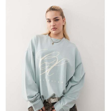 COLLUSION Oversized T-shirt met lange mouwen en logo op de voorkant-Blauw