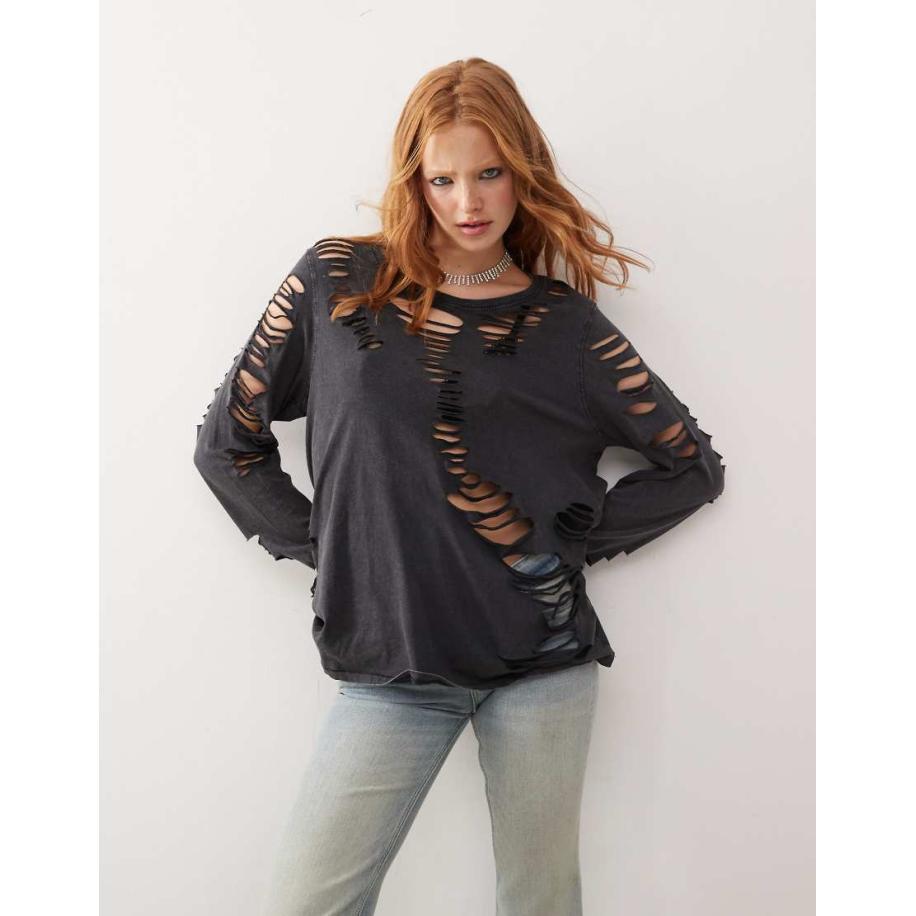 Cheap Monday T-shirt met lange mouwen, opengewerkte scheuren en acid wash in zwart Zwart