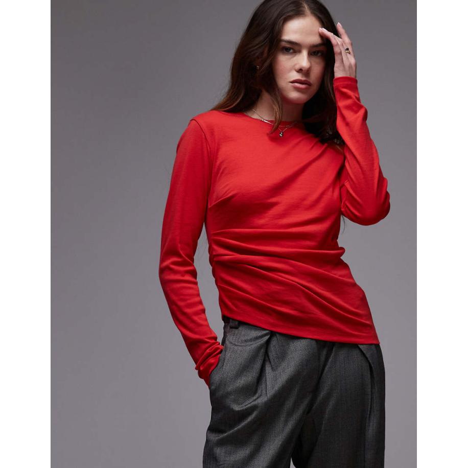 Topshop Top met aangetrokken zijkant en lange mouwen in felrood Rood