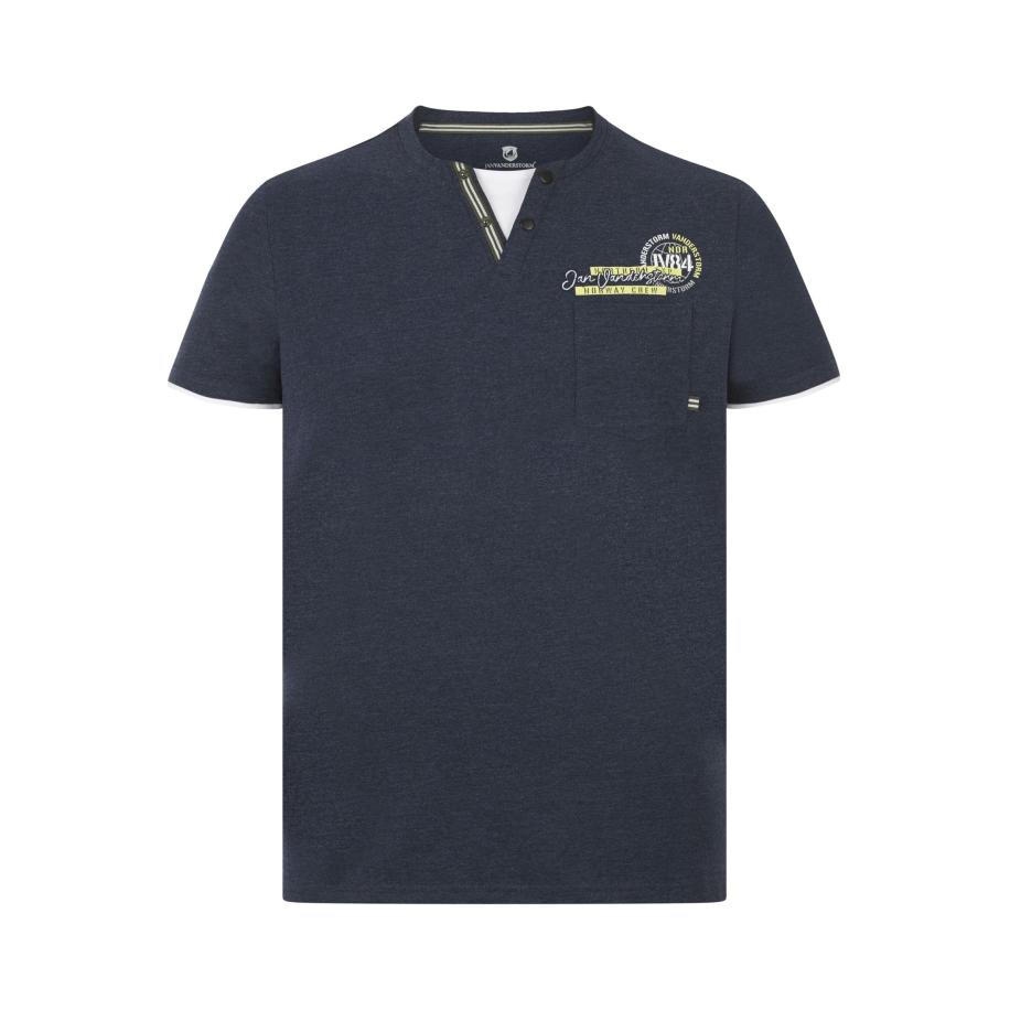 Jan Vanderstorm T-Shirt Henley kraag donkerblauw, Effen Blauw