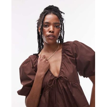 Topshop Gestreepte top van poplin met pofmouwen in donkerbruin