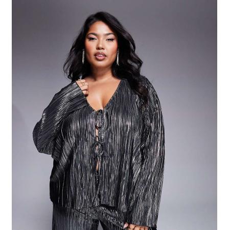 New Look Curve Plissé top met lange mouwen en strikken in metallic tin-Zilver