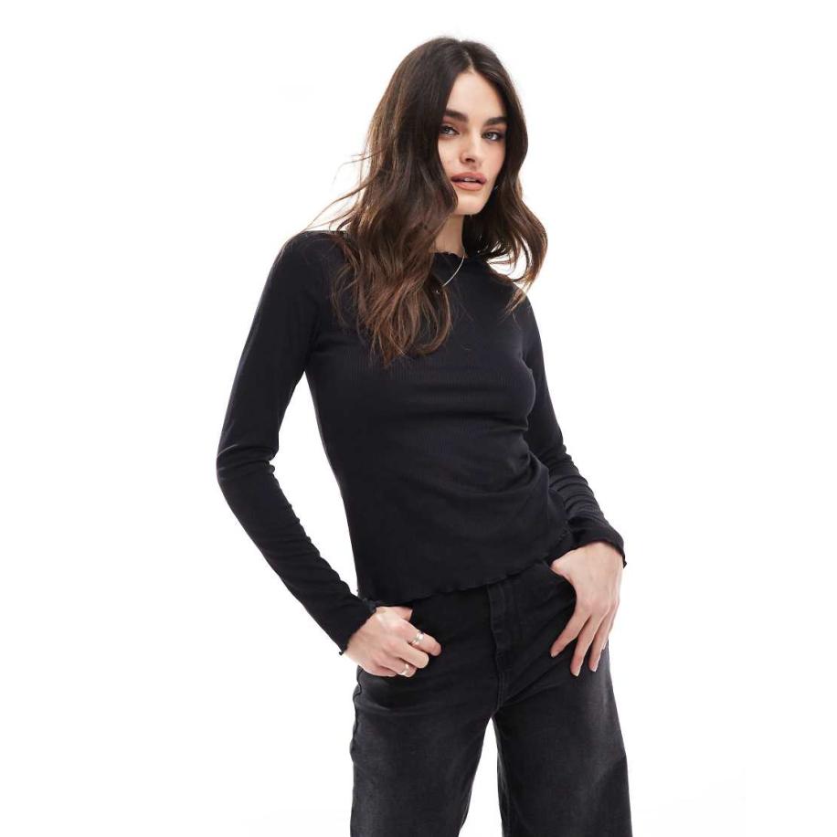 JJXX T-shirt met lange mouwen en golvende zoom in zwart Zwart