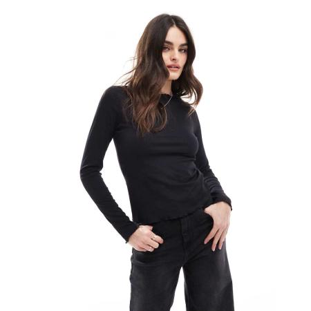 JJXX T-shirt met lange mouwen en golvende zoom in zwart