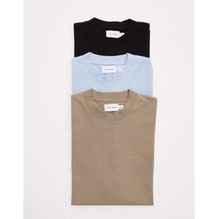 Topman - Set van 3 T-shirts met oversized pasvorm in zwart, kaki en lichtblauw-Veelkleurig