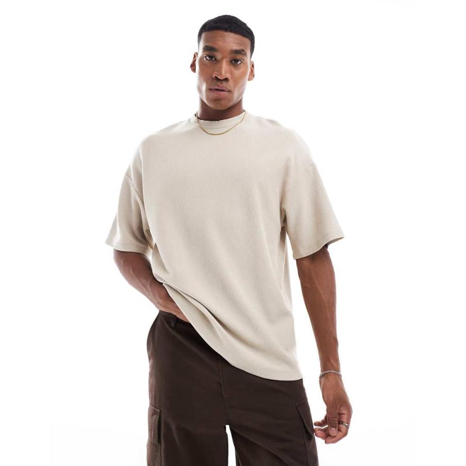ADPT - Oversized geribbeld T-shirt van zware stof in beige-Neutraal Multicolor