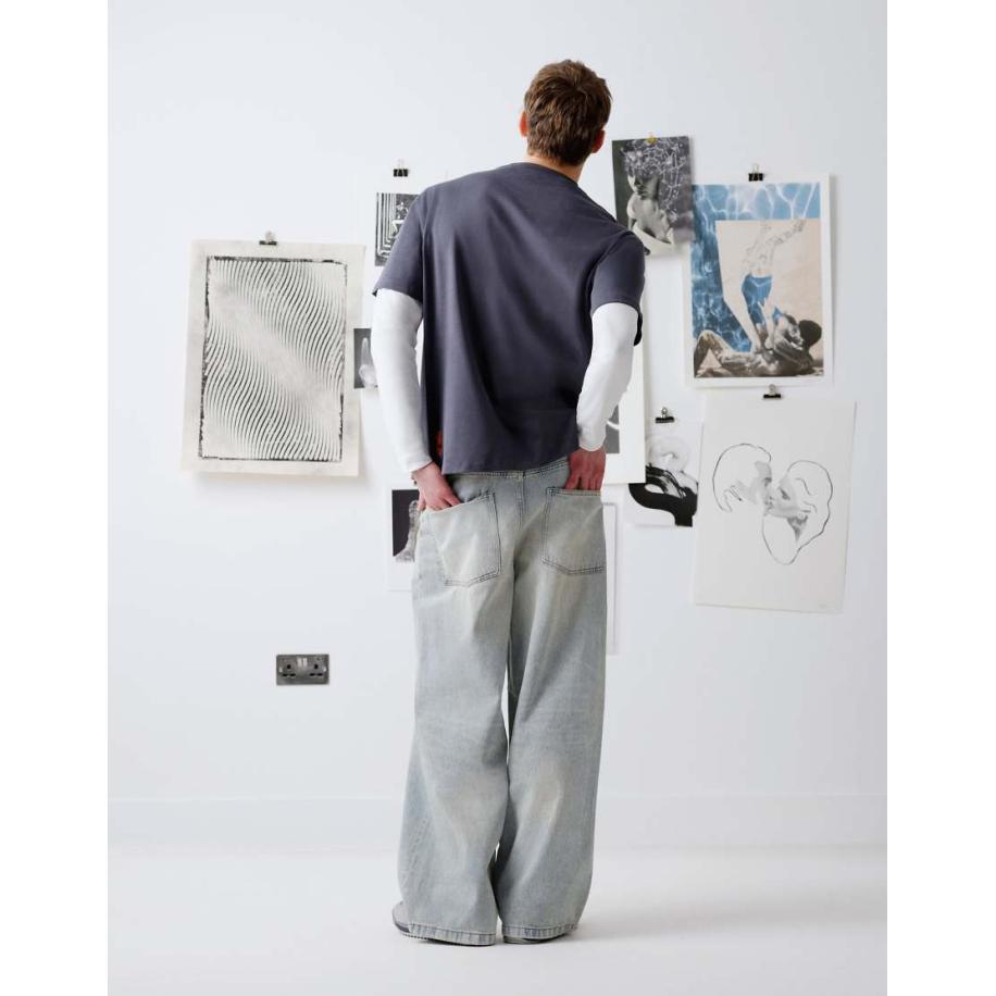 Topman x Becky Baier - Premium oversized T-shirt van zware stof met handprint en borduursel in antracietgrijs Grijs