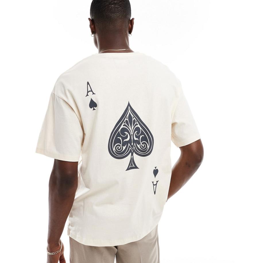 ADPT - Oversized T-shirt met schoppenaas-print op de achterkant in crème-Wit Wit