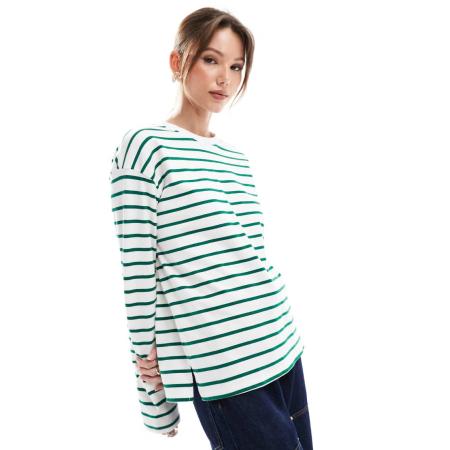 Pimkie Gestreept T-shirt met lange mouwen en ronde hals in wit en groen-Veelkleurig