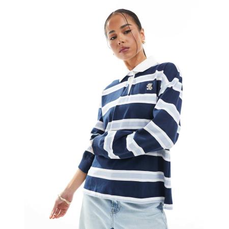 Hollister Gestreepte polo met lange mouwen en beertje in marineblauw