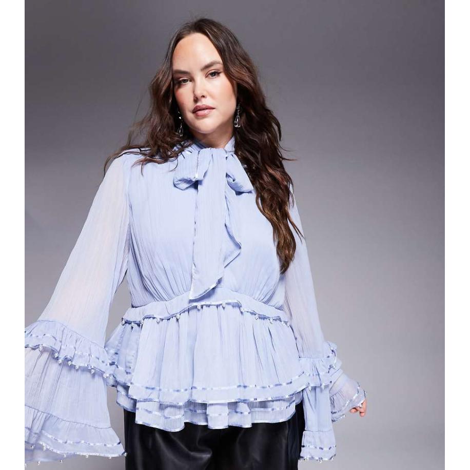 ASOS LUXE Curve Blouse van chiffon met parelversiering in blauw Blauw