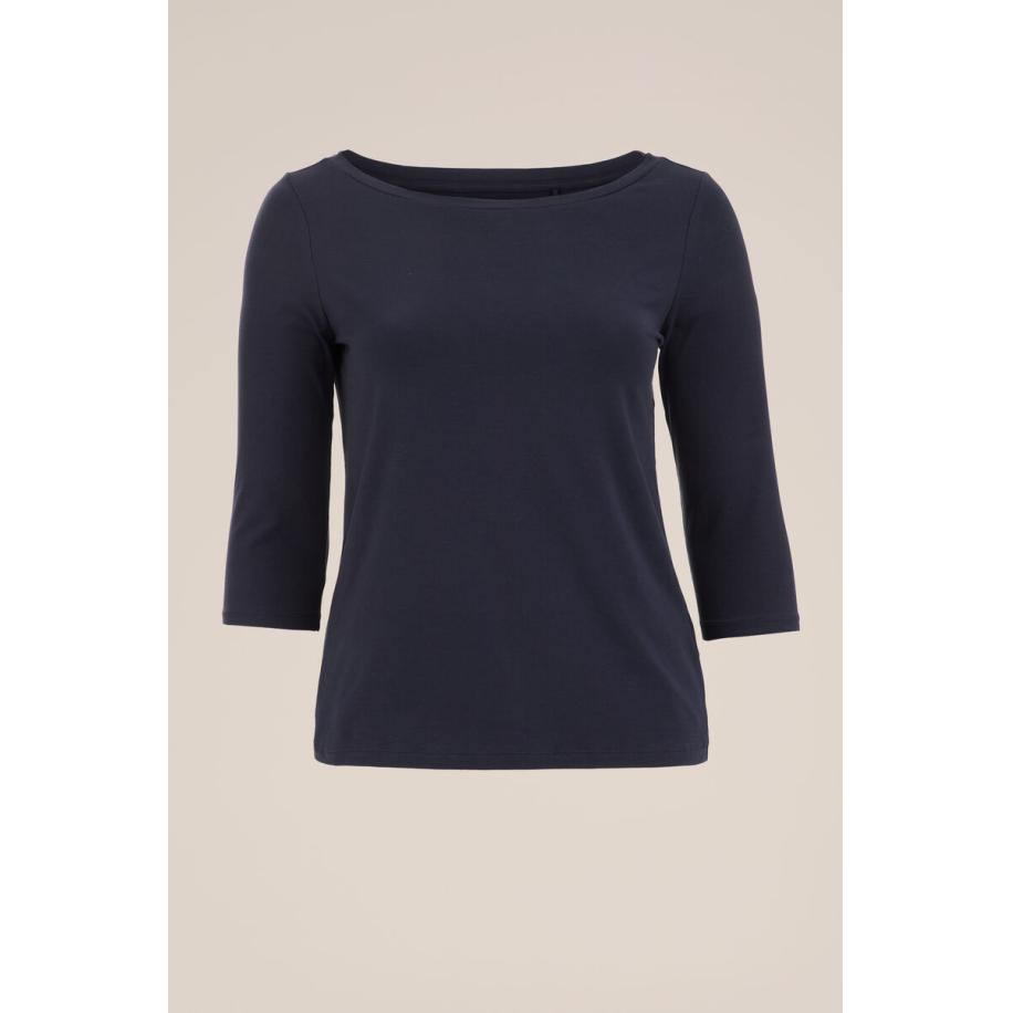WE Fashion Dames T-shirt met driekwart mouwen - Curve - Donkerblauw - Katoen - Plus Size Maat: 46 Blauw