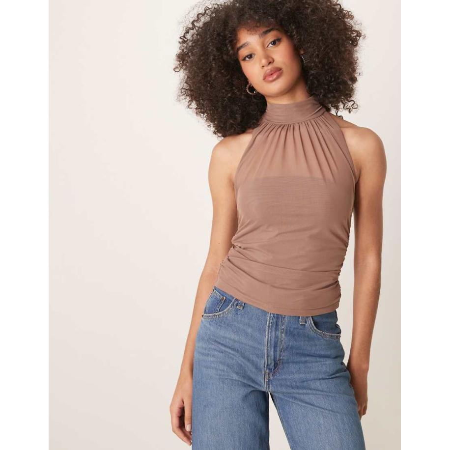 Abercrombie & Fitch Gerimpeld top met halternek van mesh in taupe-Bruin Bruin