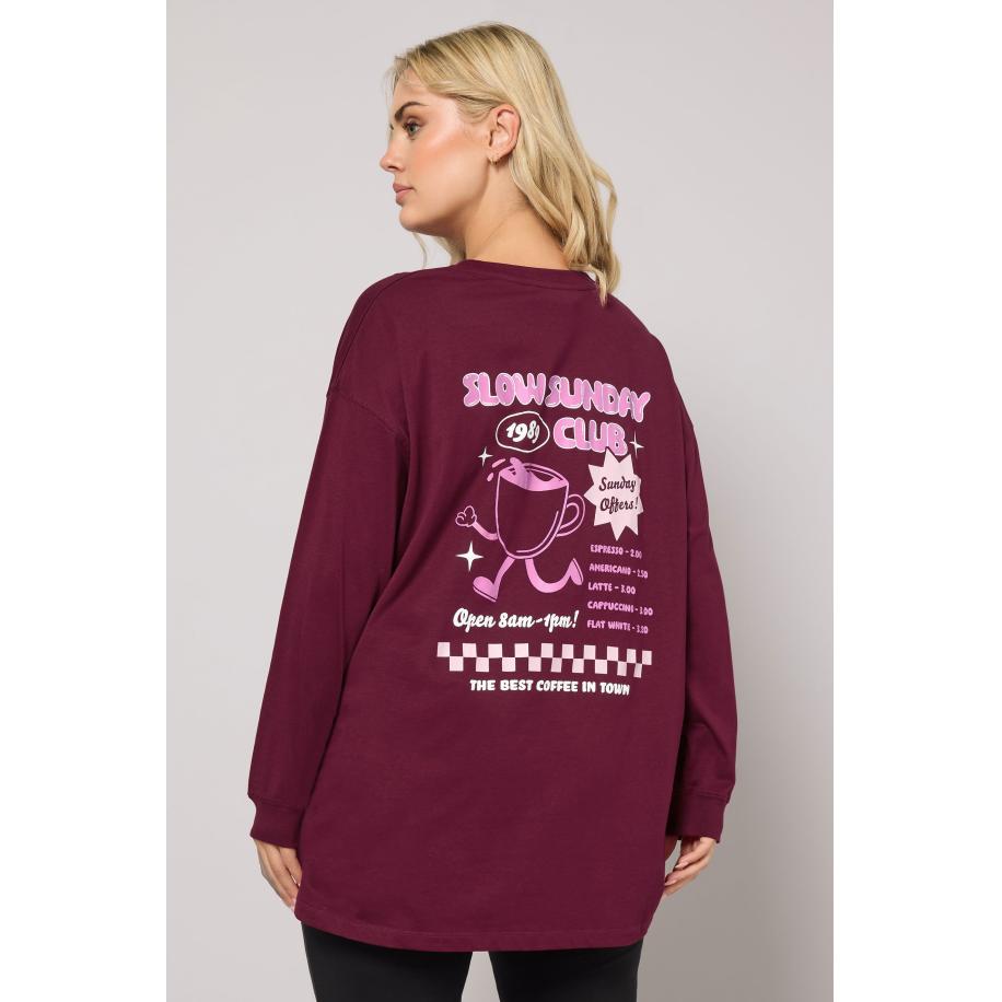 Yours Curve Burgundy Red 'Slow Sunday Club' Slogan Tshirt Size 66-68 Rood