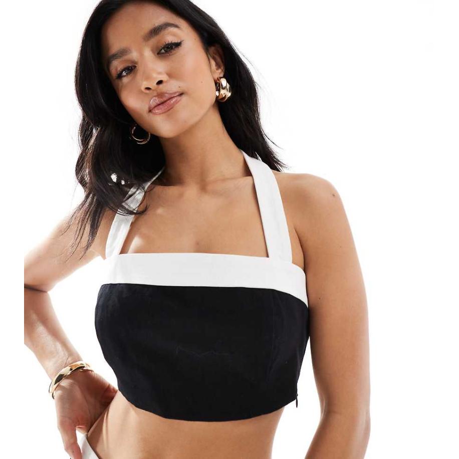 4th & Reckless Petite Top met linnenlook, halternek en contrasterende rand in zwart en wit, deel van co-ord set Zwart