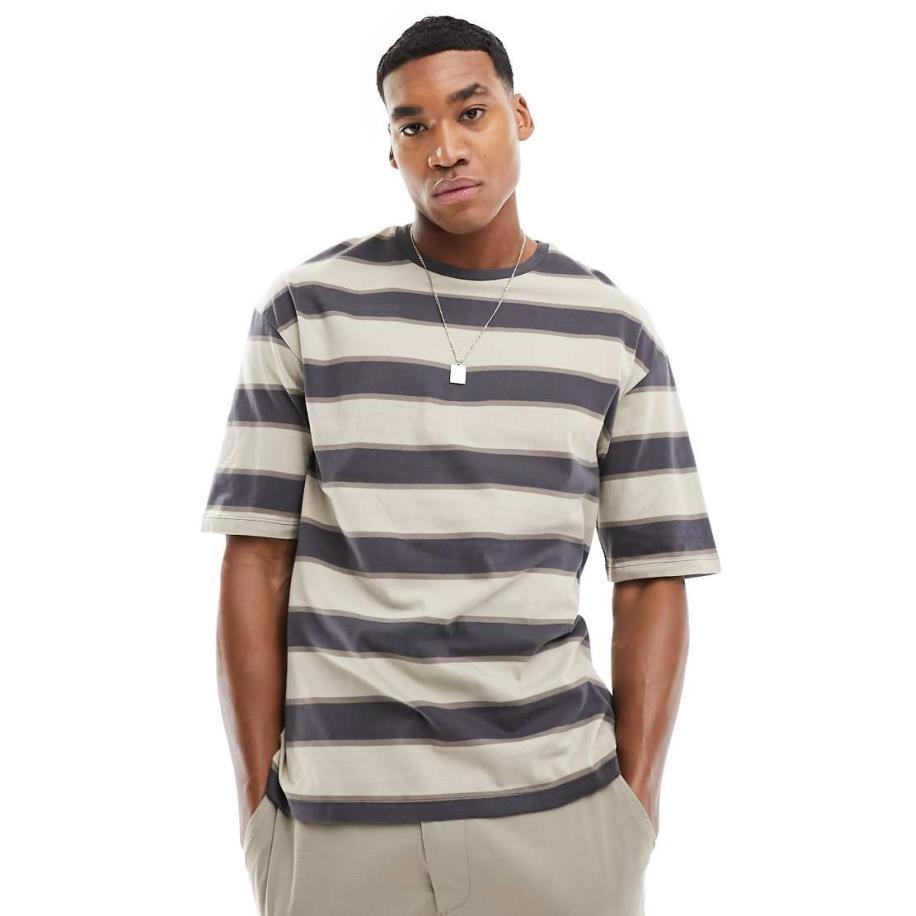 ADPT - Oversized gestreept T-shirt in beige met wassing-Neutraal Multicolor