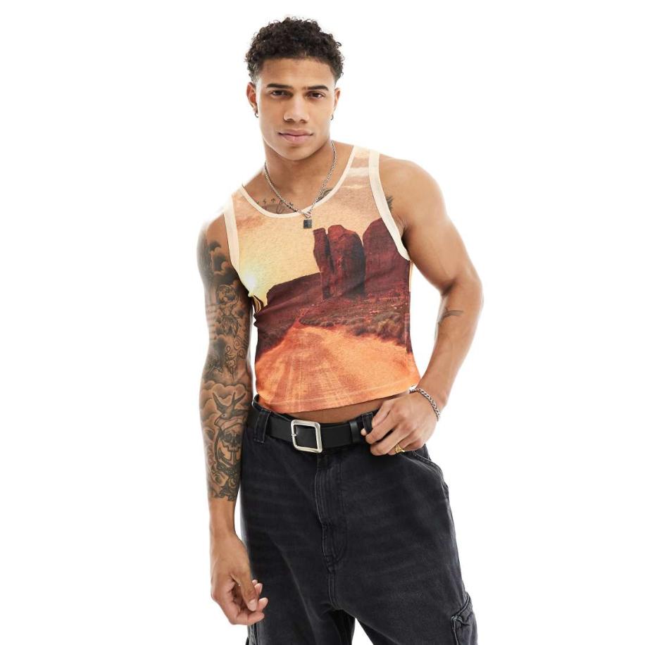 ASOS DESIGN - Muscle fit hemdje bedekt met landschapsprint-Oranje Oranje