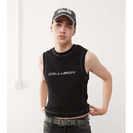 COLLUSION - Muscle fit hemdje met metallic logo in zwart