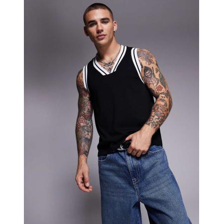 ASOS DESIGN - Recht hemdje met V-hals en contrasterende panelen in zwart