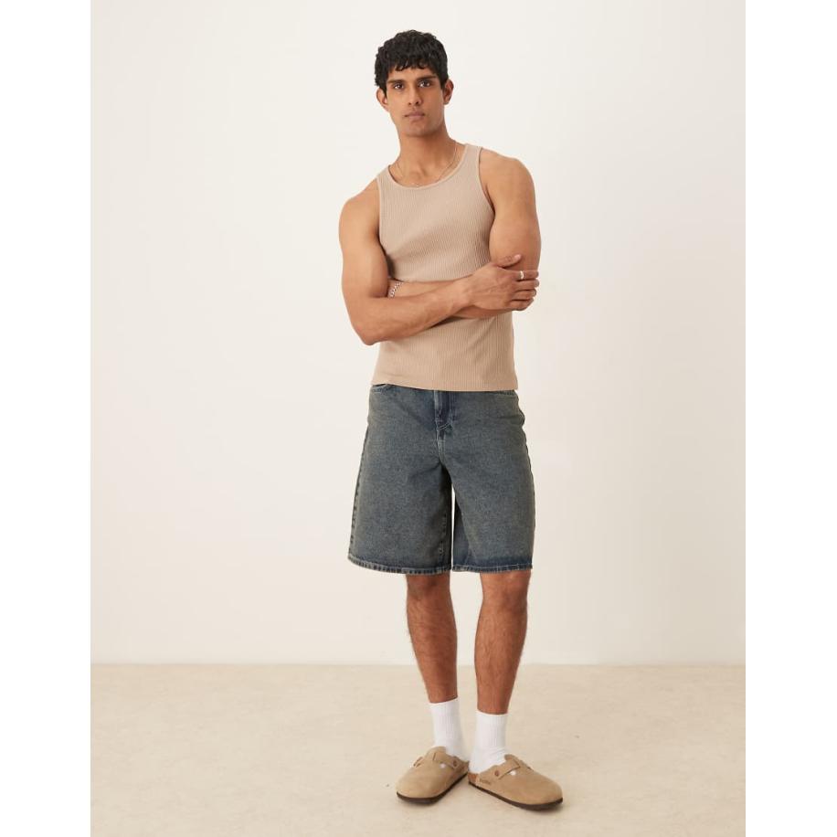 ASOS DESIGN - Geribbeld muscle fit hemd van zware stof met hoge hals in stone-Neutraal Multicolor